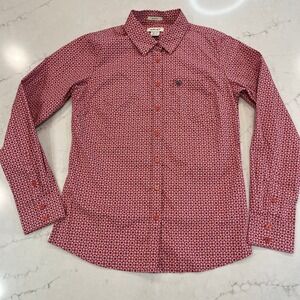 Ariat Button Up Fitted Shirt Womens M Red White Geo Pattern Long Sleeve
